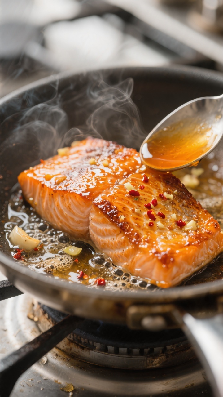 Close-up detail shot: Pan-seared orange glazed salmon fillet mid-cook in a stainless skillet, skin-s