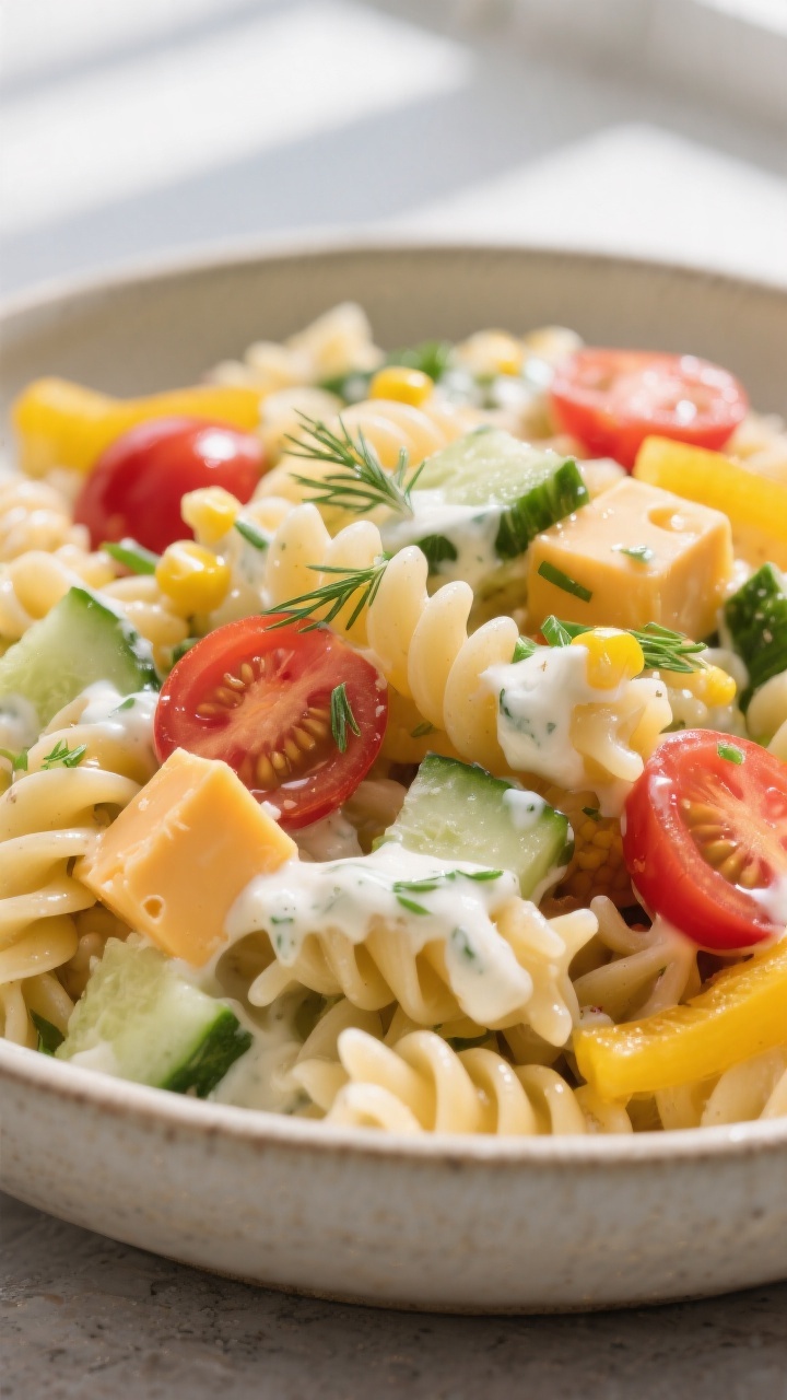 Close-up detail shot: Rotini pasta salad freshly tossed in creamy Greek yogurt ranch dressing, spira