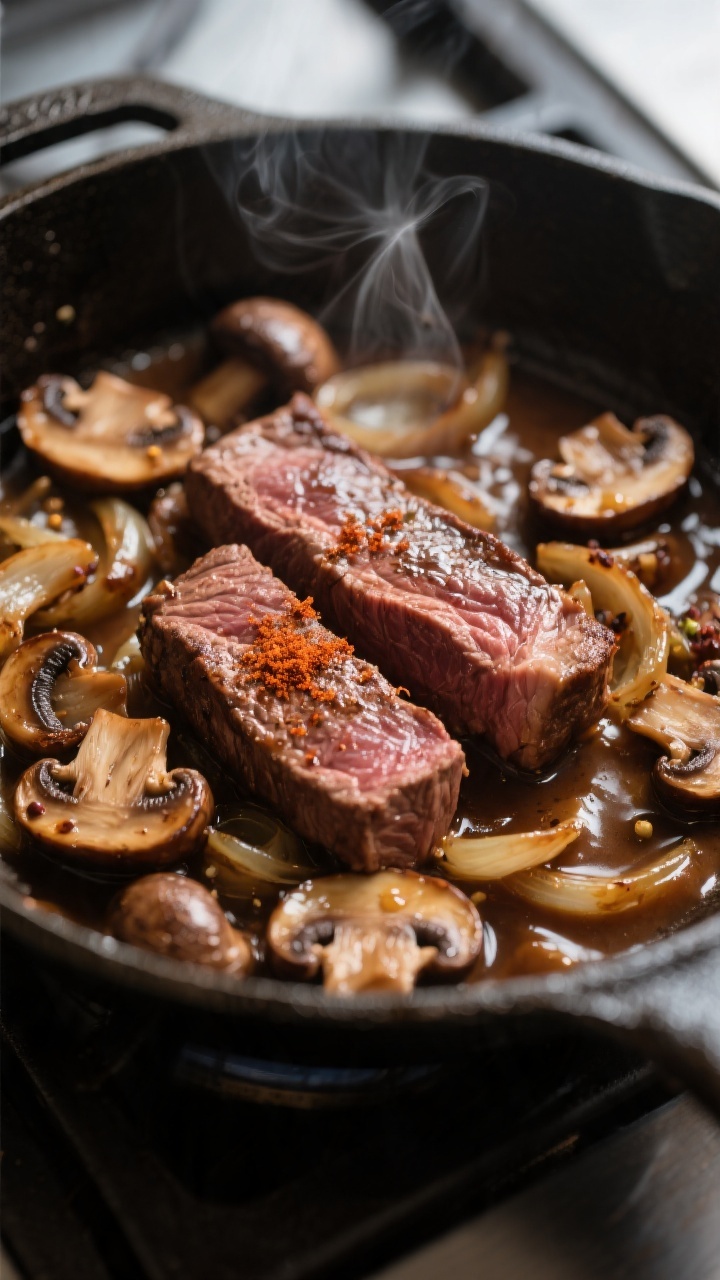 Close-up detail shot: Slices of seared lean sirloin nestled among browned cremini mushrooms and soft