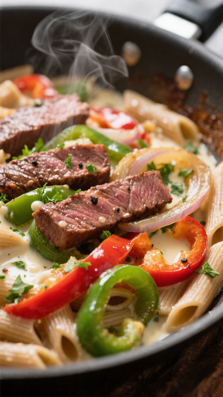 Close-up detail shot: Tender seared sirloin strips nestled among sautéed green and red bell peppers