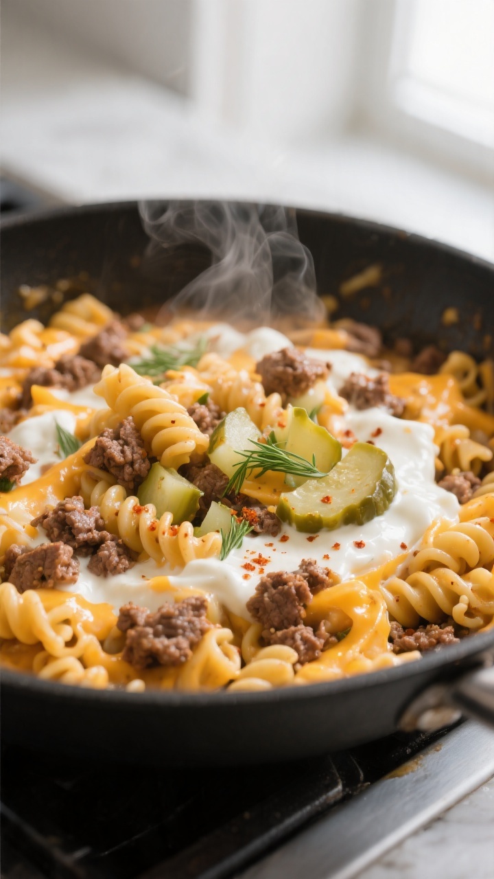 Close-up detail: Silky cheeseburger pasta being folded together in a wide skillet over low heat, sho