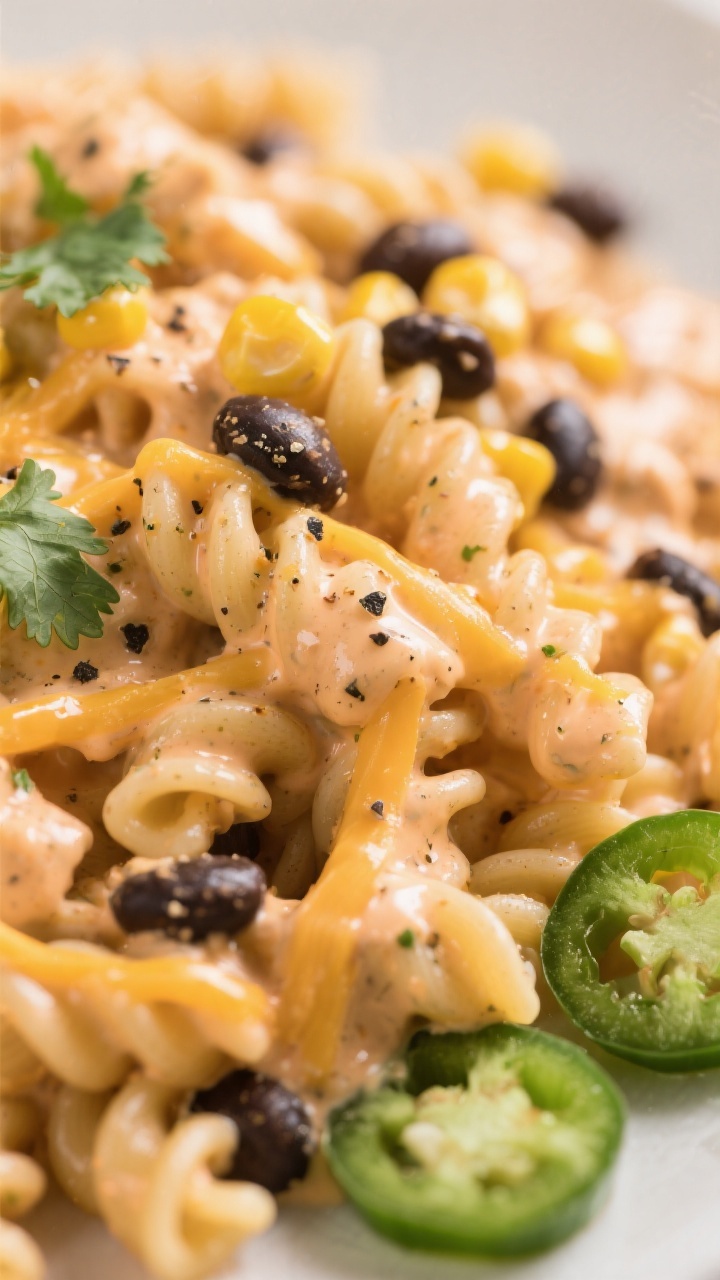 Close-up detail: Silky, creamy taco-ranch sauce coating rotini, with melted cheddar strands just dis