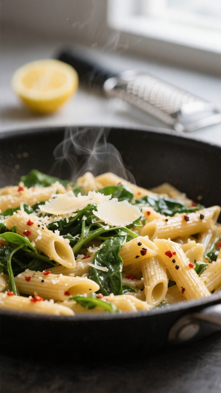 Close-up detail: Silky garlic-Parmesan pasta just after tossing in the skillet, noodles glistening w