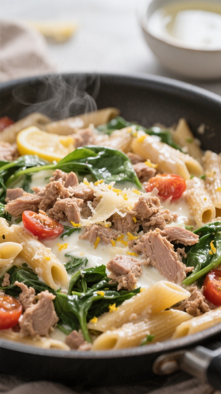 Close-up detail: Silky garlic-Parmesan turkey pasta just after combining in the skillet, showing cru