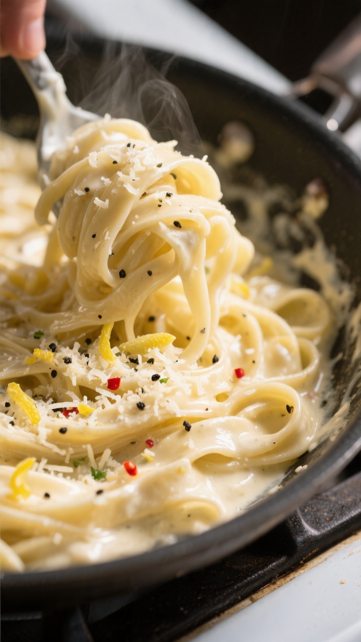 Close-up detail: Silky Greek Yogurt Alfredo-coated fettuccine being tossed off-heat in a wide skille