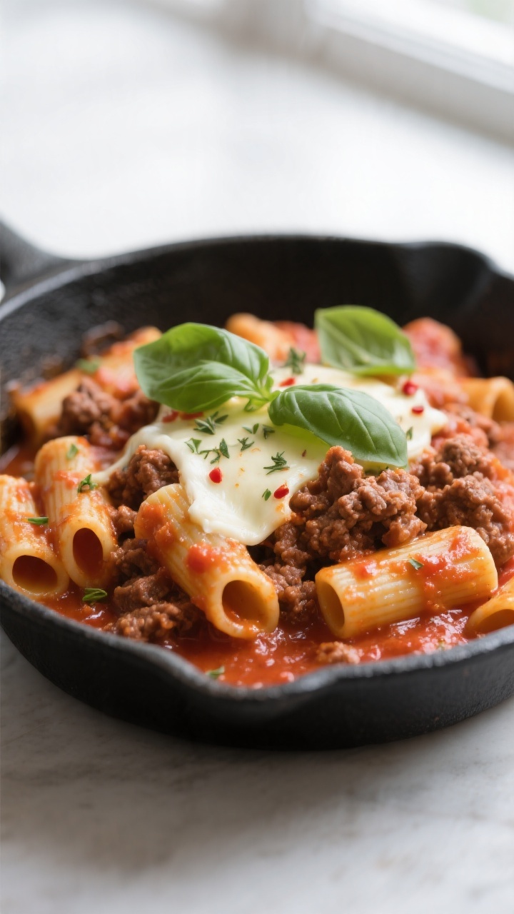 Close-up detail: Silky ground beef tomato sauce clinging to al dente rigatoni, with melted mozzarell