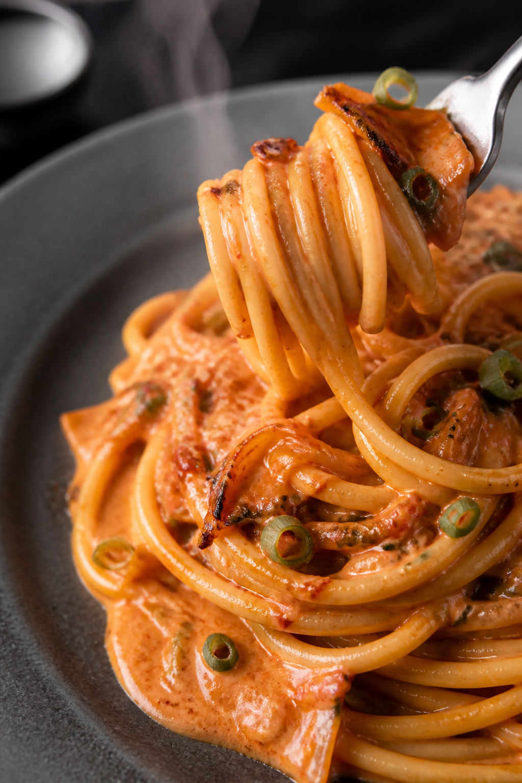 Close-up detail: Silky kimchi-cream sauce clinging to twirled bucatini, caramelized kimchi edges gli