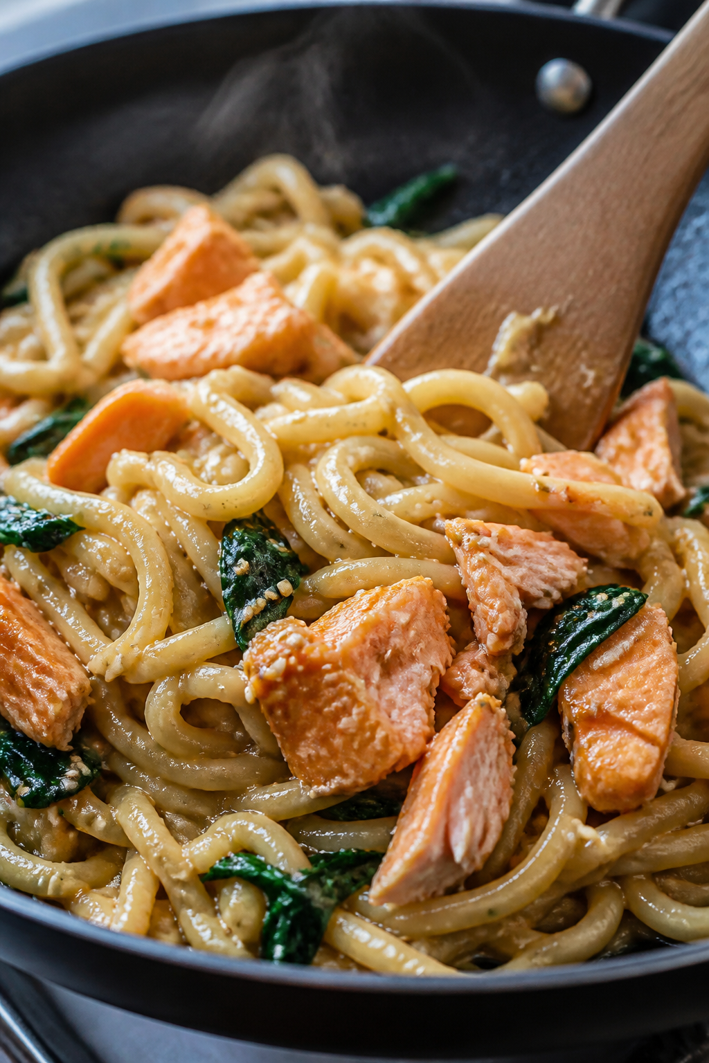 Close-up detail: Silky miso butter sauce clinging to springy udon noodles as glossy flakes of just-c