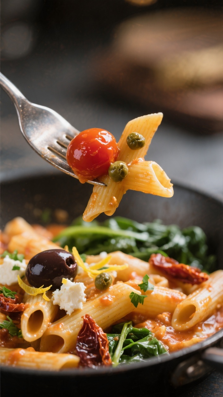 Close-up detail, : Silky, sauce-coated penne twirled on a fork above the skillet, tight macro captur