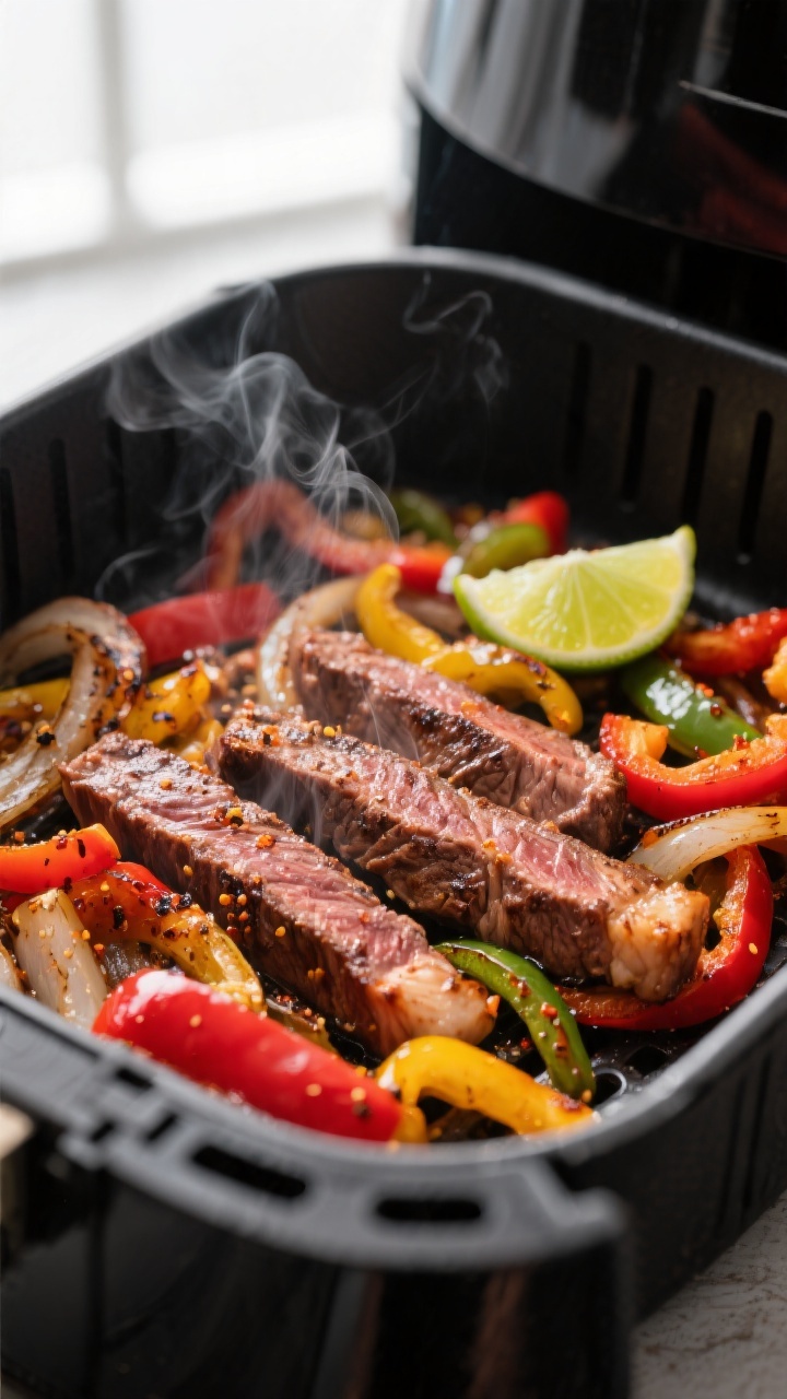 Close-up detail: Sizzling air-fried steak strips and caramelized bell peppers and onions just combin