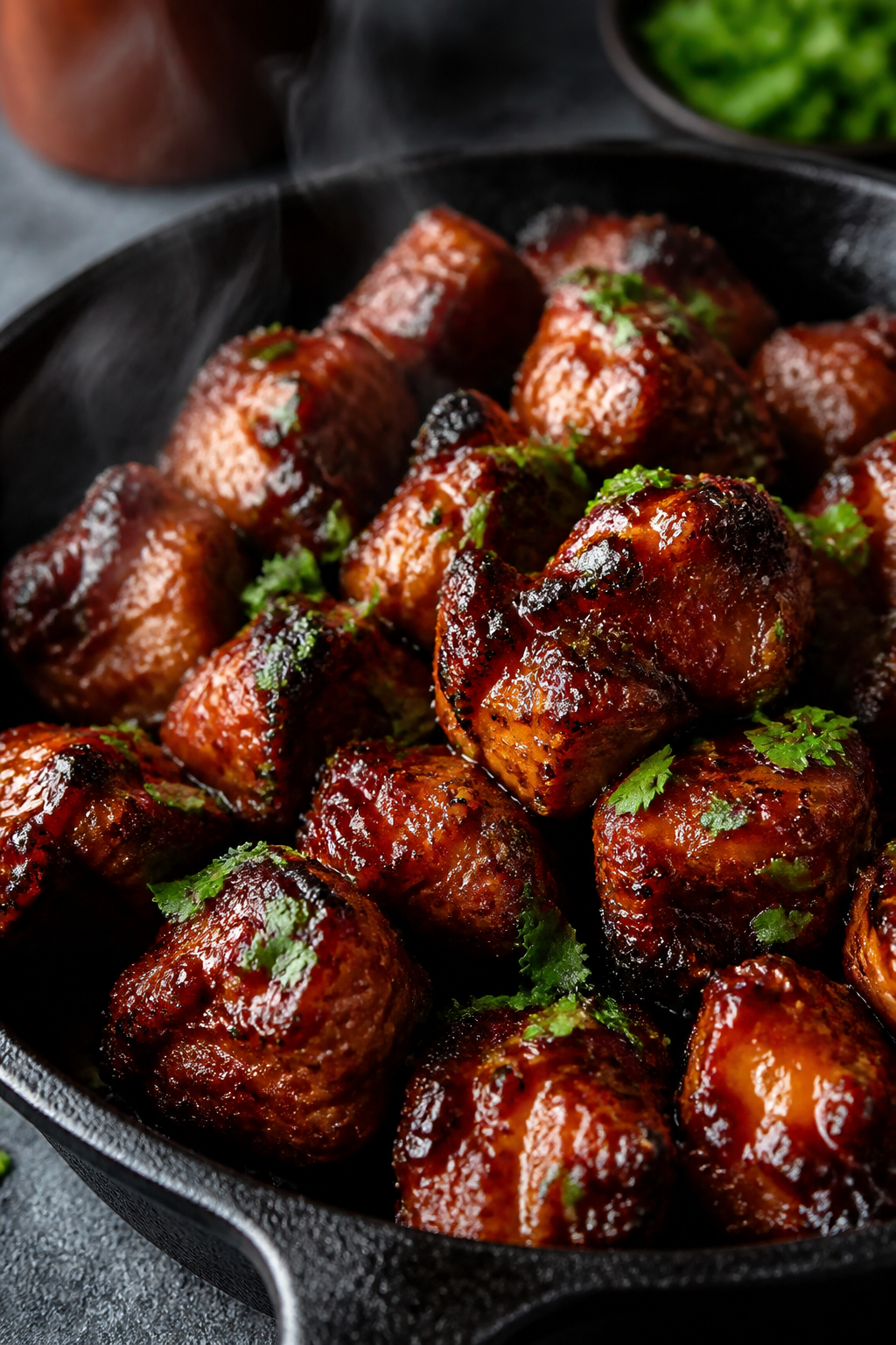 Close-up detail: Sizzling BBQ-glazed chicken bites in a cast-iron skillet, caramelized edges with st