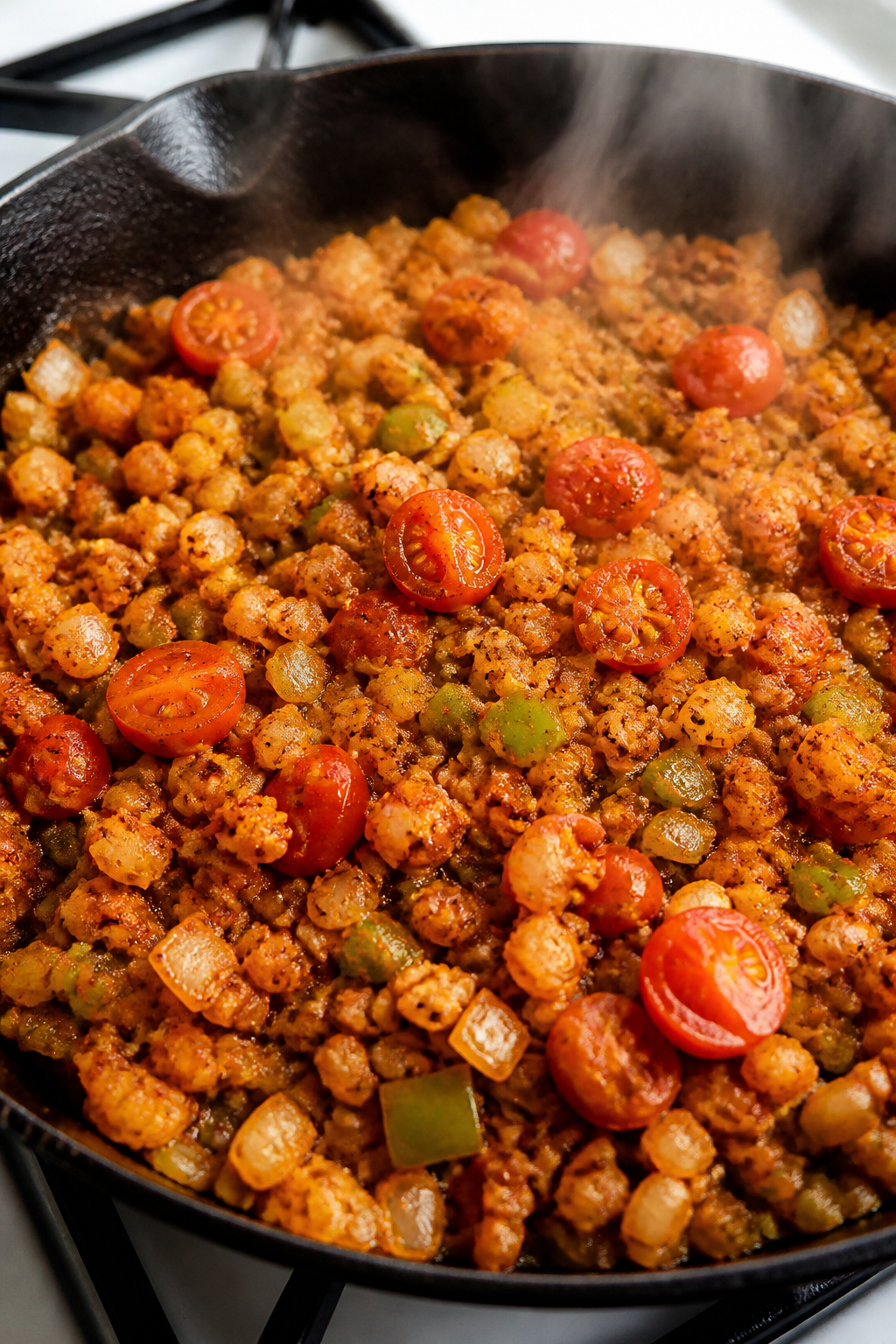 Close-up detail: Sizzling Cajun cauliflower rice in a black cast-iron skillet mid-cook, showing toas