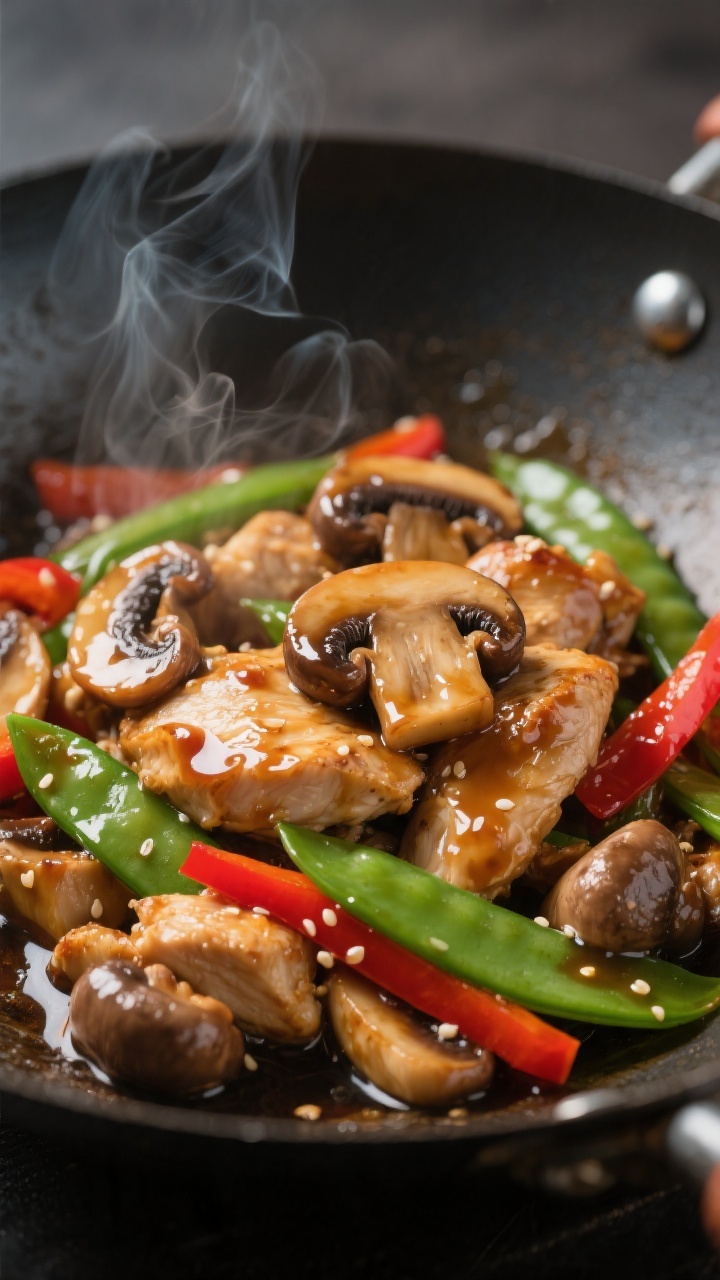 Close-up detail: Sizzling chicken and cremini mushrooms just after recombining in the wok, coated in