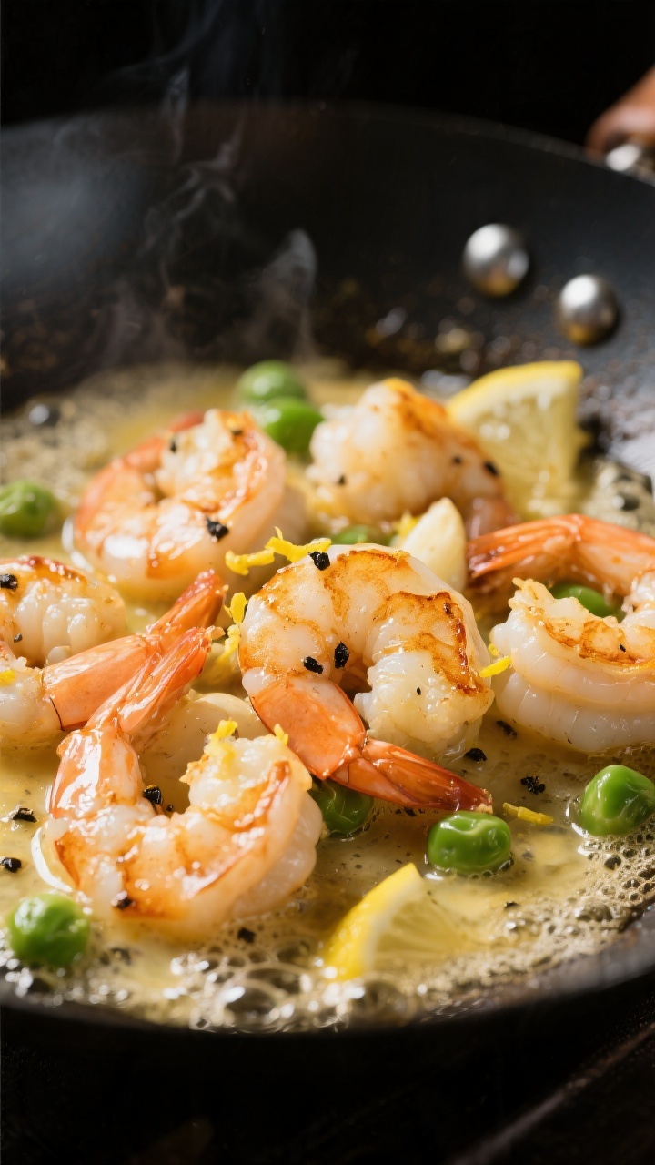Close-up detail: Sizzling garlic butter shrimp in a hot wok, shrimp just opaque with light golden se