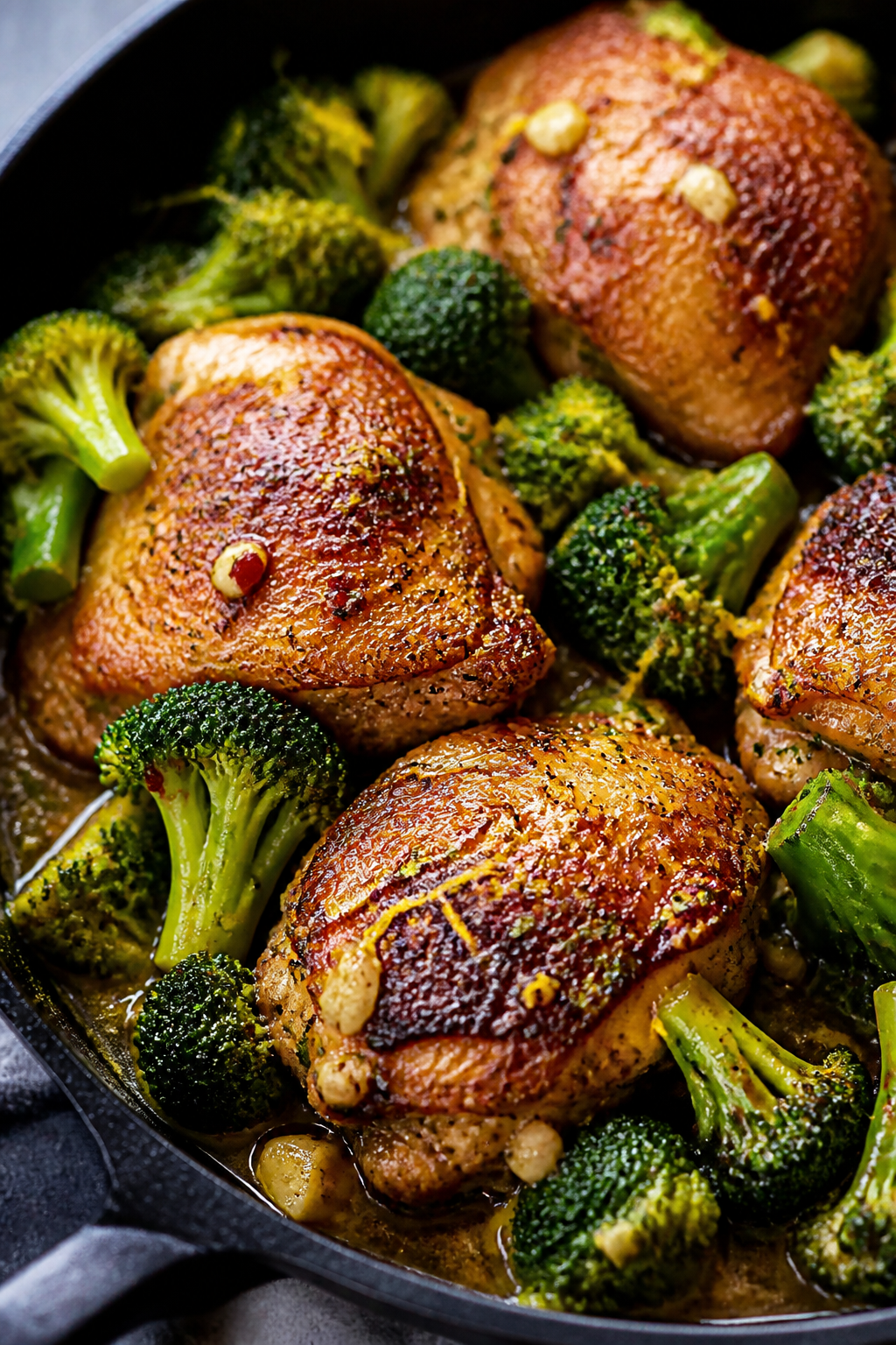 Close-up detail: Sizzling, golden-crisp chicken thigh skin in a large oven-safe skillet, nestled ove