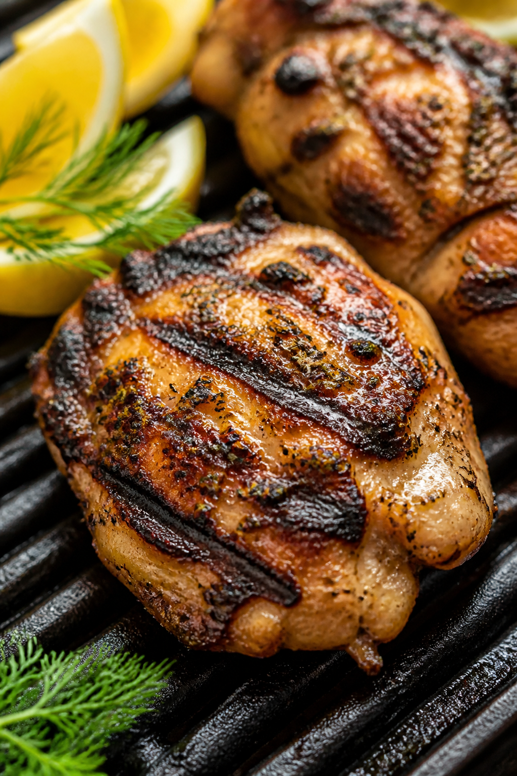Close-up detail: Sizzling Greek chicken thighs on a grill, skin-side down with defined grill marks a