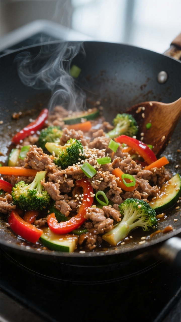 Close-up detail: Sizzling ground turkey and vegetables in a wok mid-stir, showing browned crumbles o