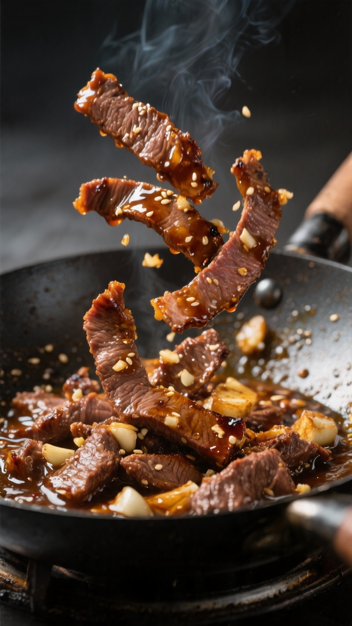 Close-up detail: Sizzling Honey Garlic Beef mid-cook in a carbon-steel wok, thin-sliced browned beef