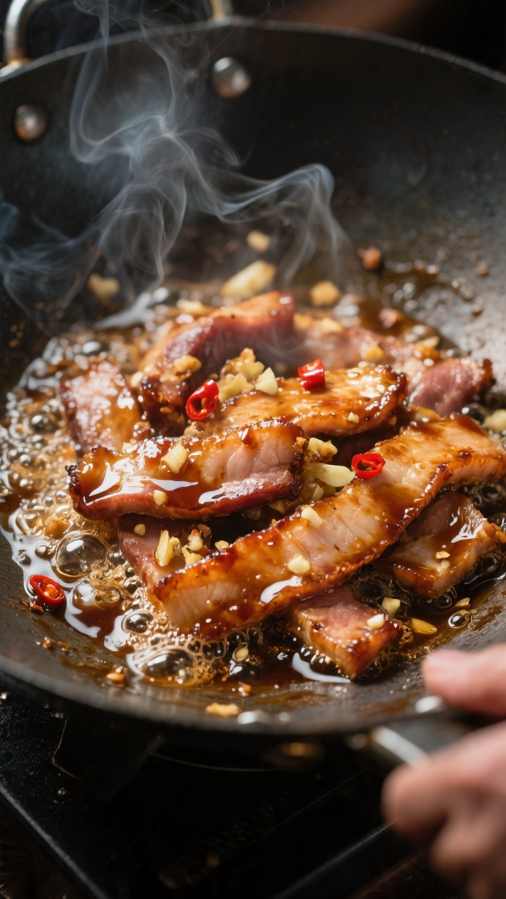 Close-up detail: Sizzling honey soy glazed pork strips in a wok during the sauce step, glaze bubblin