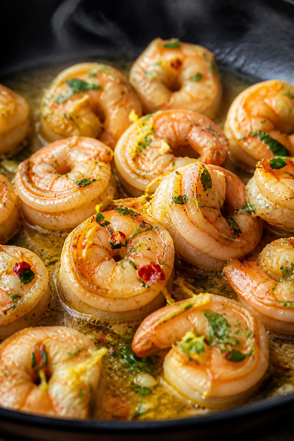 Close-up detail: Sizzling lemon butter shrimp just tossed back into the pan, coated in glossy garlic