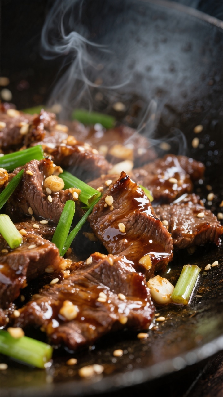 Close-up detail: Sizzling Mongolian beef slices just after searing, coated in a glossy soy–brown s