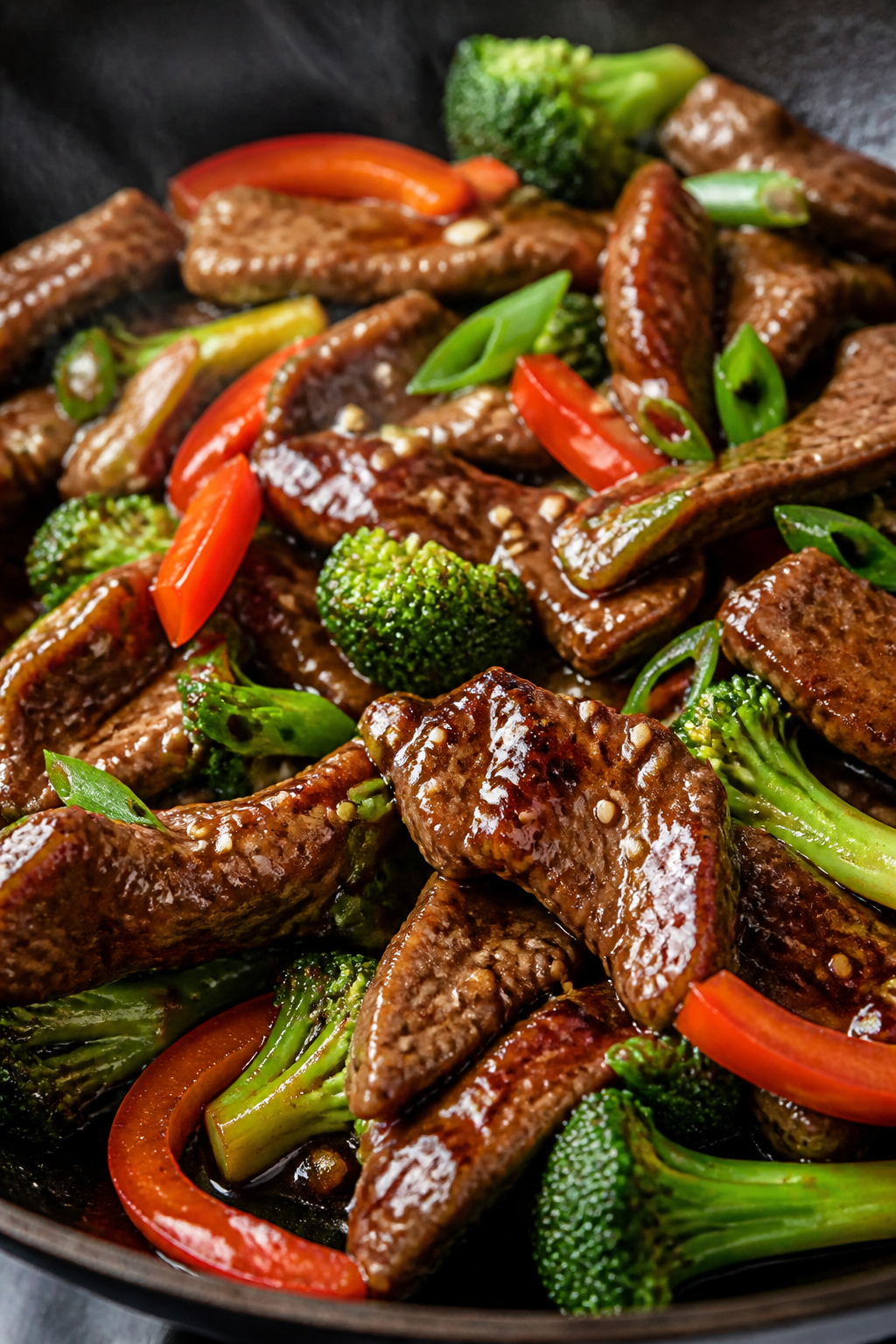 Close-up detail: Sizzling Mongolian beef strips just returned to the pan with glossy soy-garlic-brow