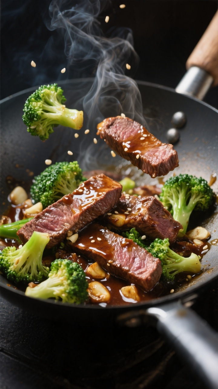 Close-up detail: Sizzling slices of seared flank steak and crisp-tender broccoli tossing together in