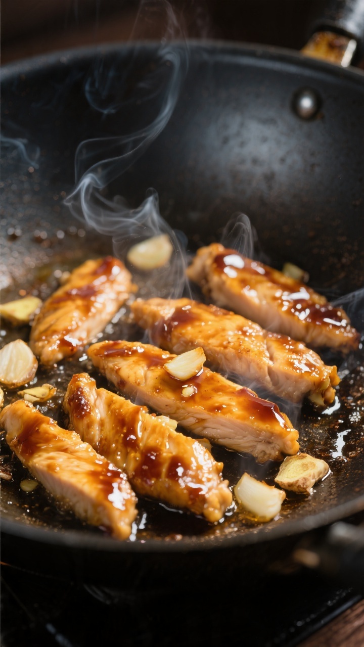 Close-up detail: Sizzling teriyaki chicken strips searing in a wok, golden edges with a glossy sheen