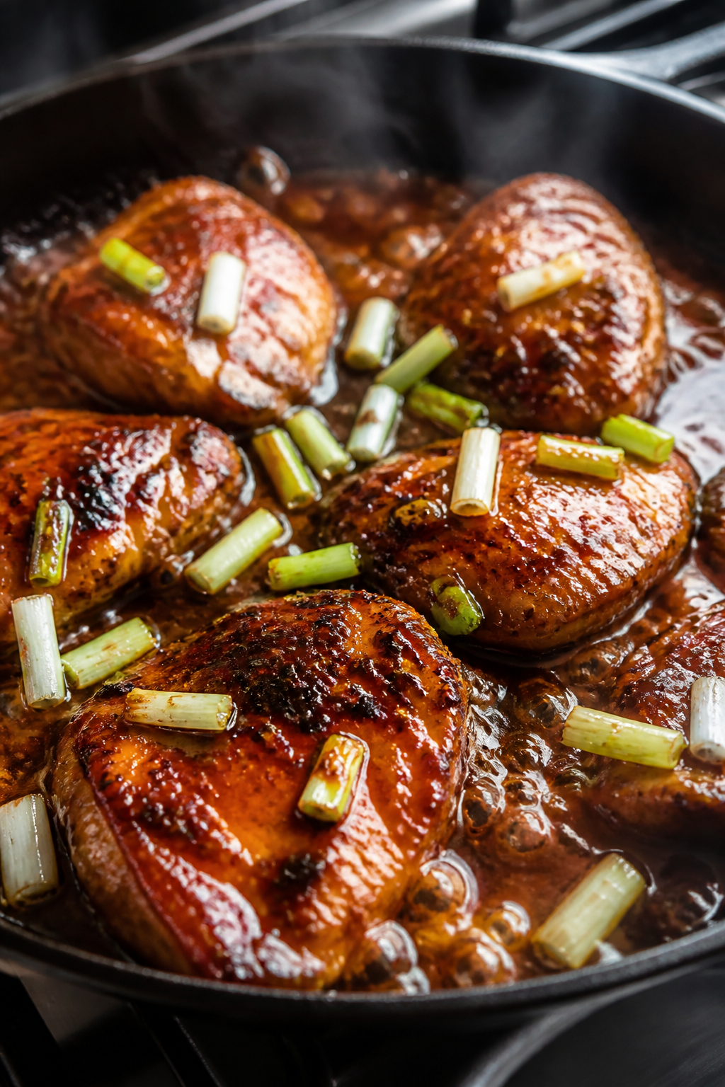 Close-up detail: Sizzling teriyaki chicken thighs in a skillet mid-glaze, deep golden-brown crusts c