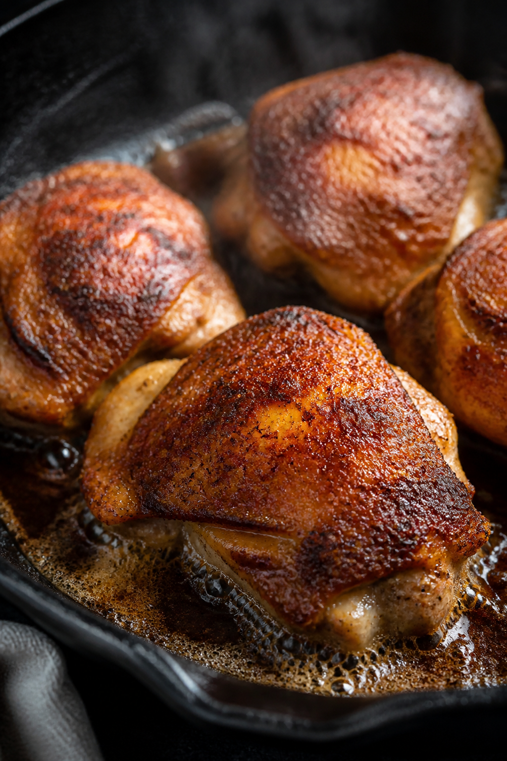 Close-up detail: Skin-on Cajun butter chicken thighs searing in a cast-iron skillet, skin-side down,