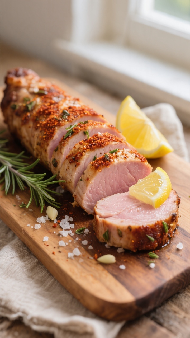 Close-up detail: Sliced air-fried garlic herb pork tenderloin on a wooden board, 1/2-inch medallions