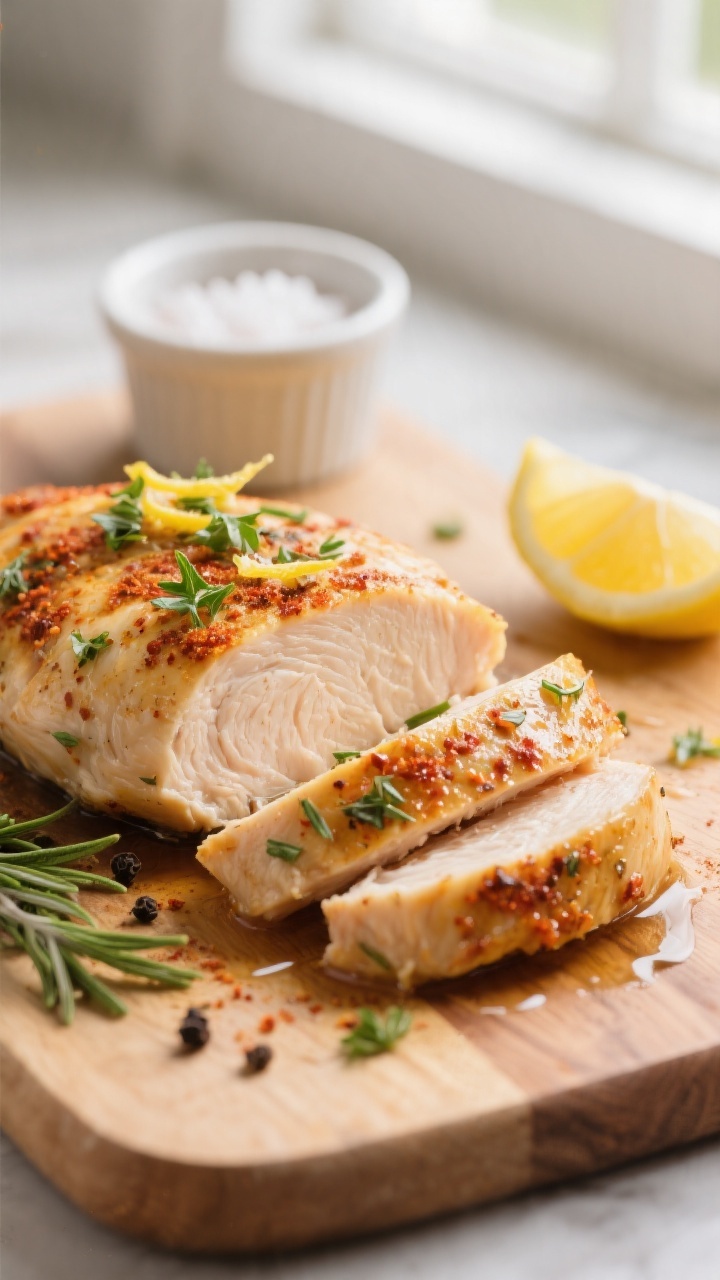 Close-up detail: Sliced air fryer lemon herb chicken breast resting on a cutting board, juicy interi