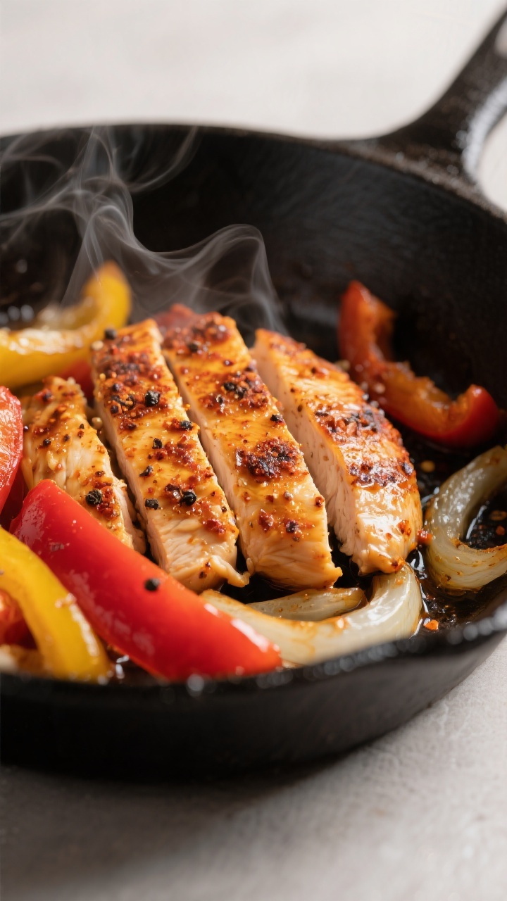 Close-up detail: Sliced Cajun-seasoned chicken strips just seared in a skillet, golden-browned with