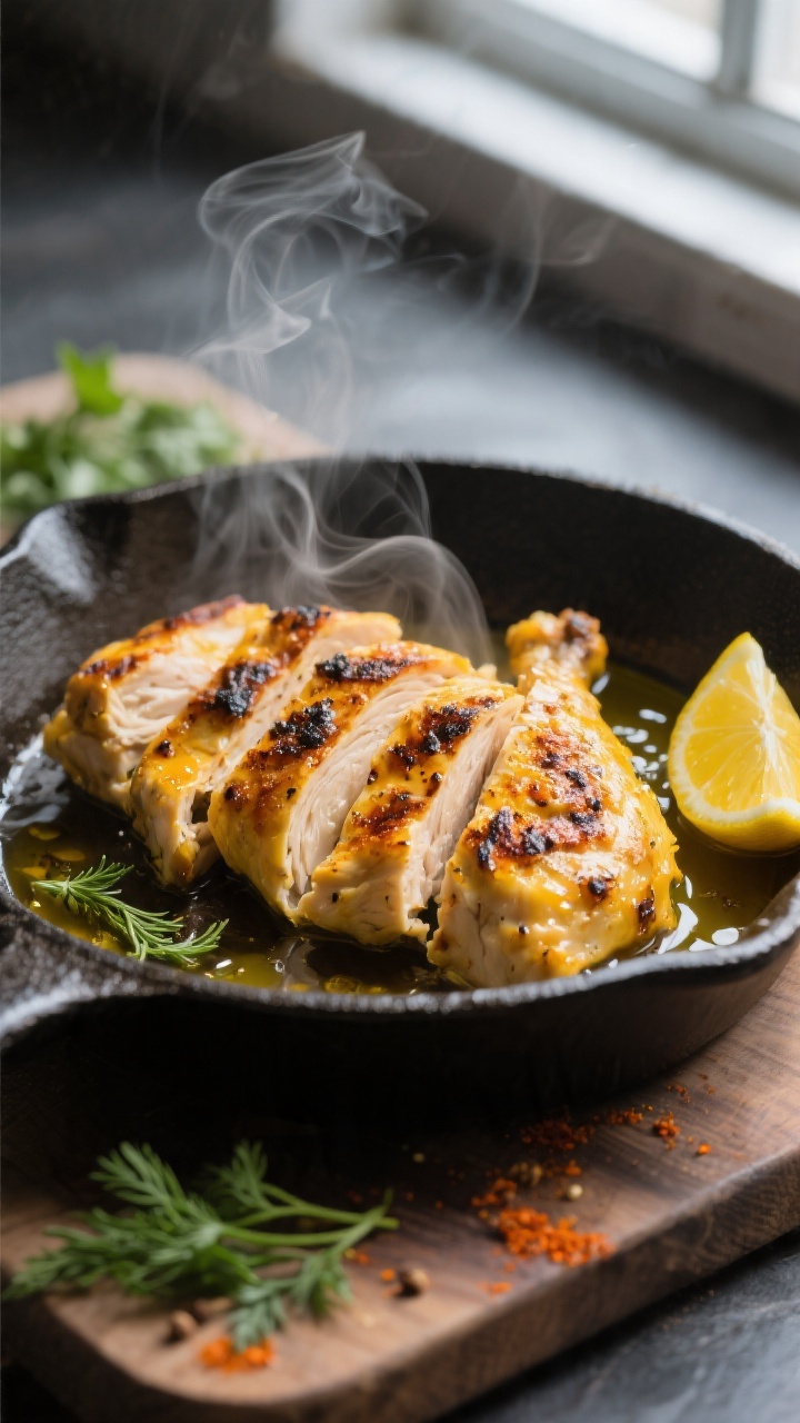 Close-up detail: Sliced, charred chicken shawarma fresh from a hot cast-iron skillet, glistening wit