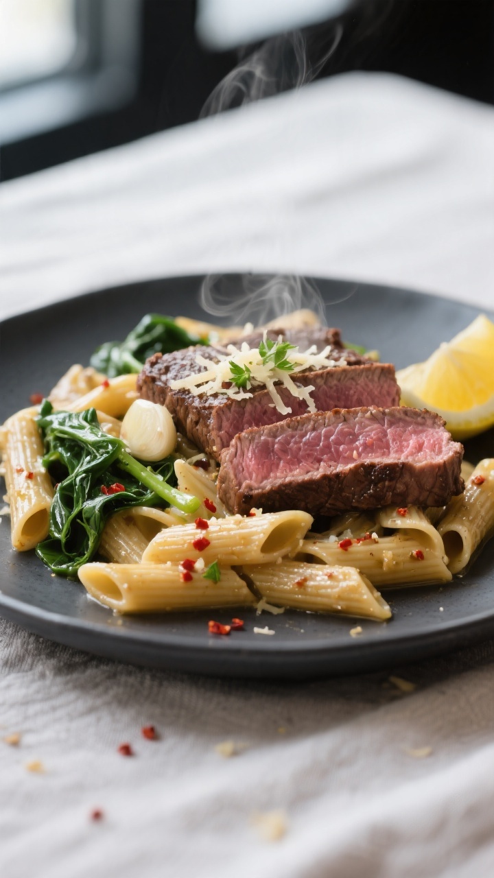Close-up detail: Sliced medium-rare sirloin steak just folded into garlic-lemon butter pasta, gliste