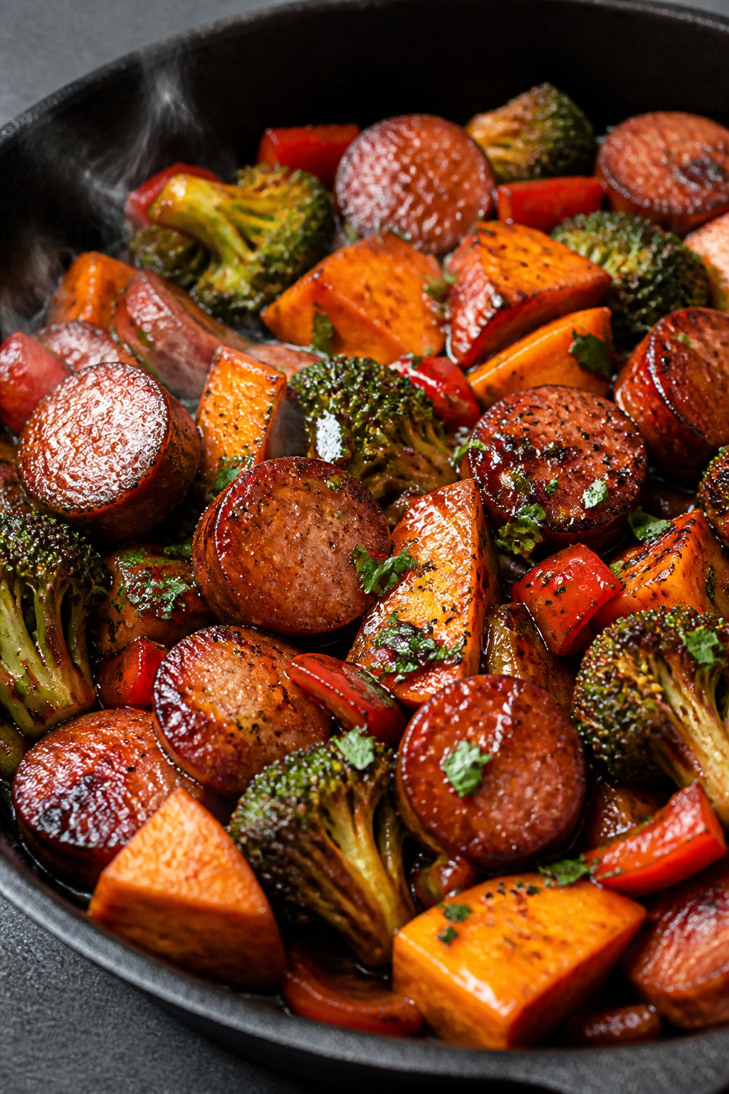 Close-up detail: Sliced smoked sausage rounds and roasted sweet potato cubes sizzling in a glossy BB