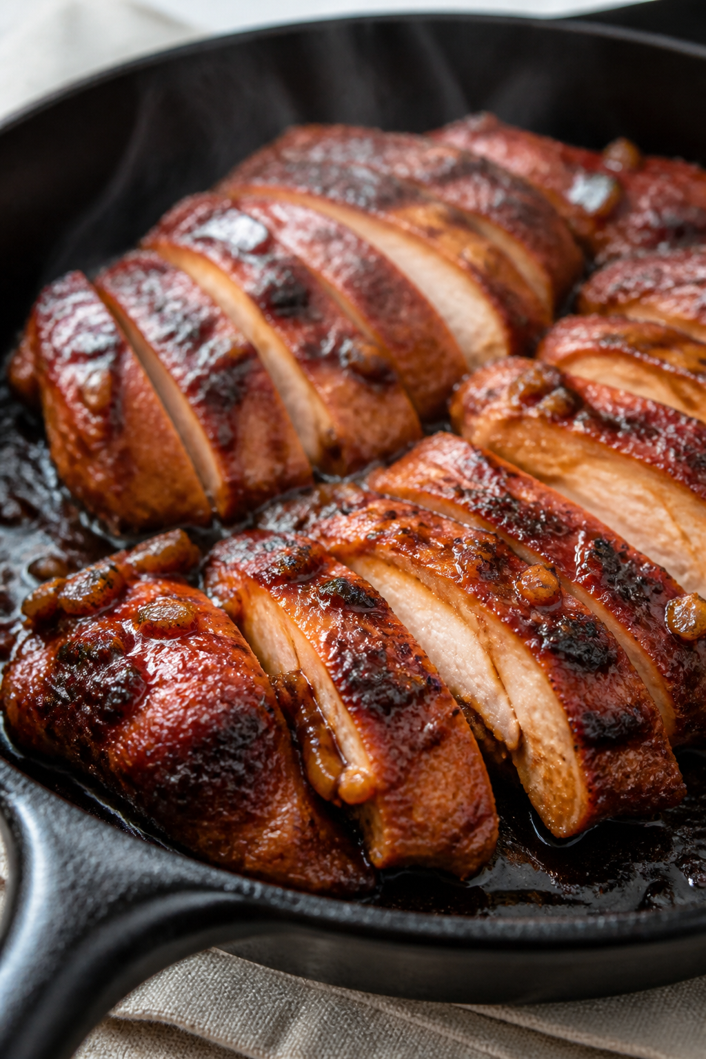Close-up detail: Sliced smoky BBQ chicken thighs just after resting, glistening with a glossy hickor