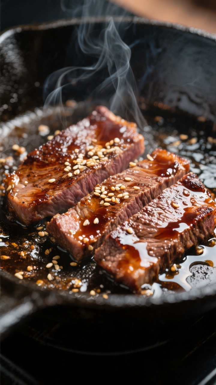 Close-up detail: Slices of seared teriyaki beef sizzling in a hot skillet during the deglaze and red