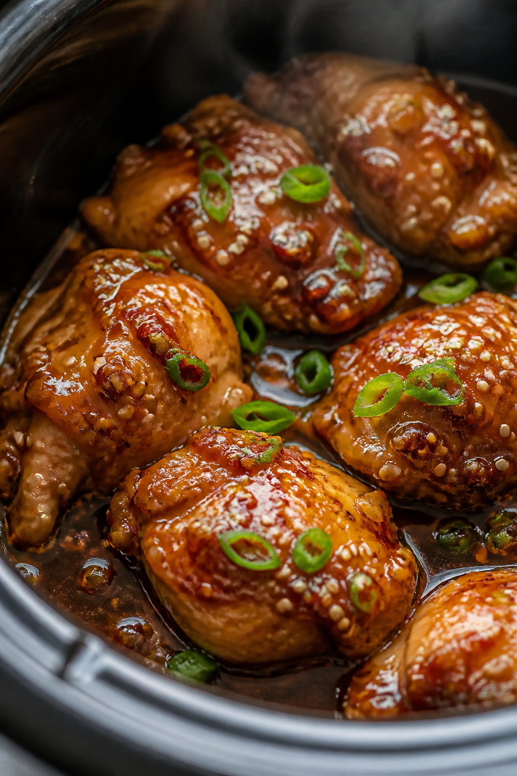 Close-up detail: Slow cooker honey garlic chicken thighs just tossed back in the thickened, glossy s