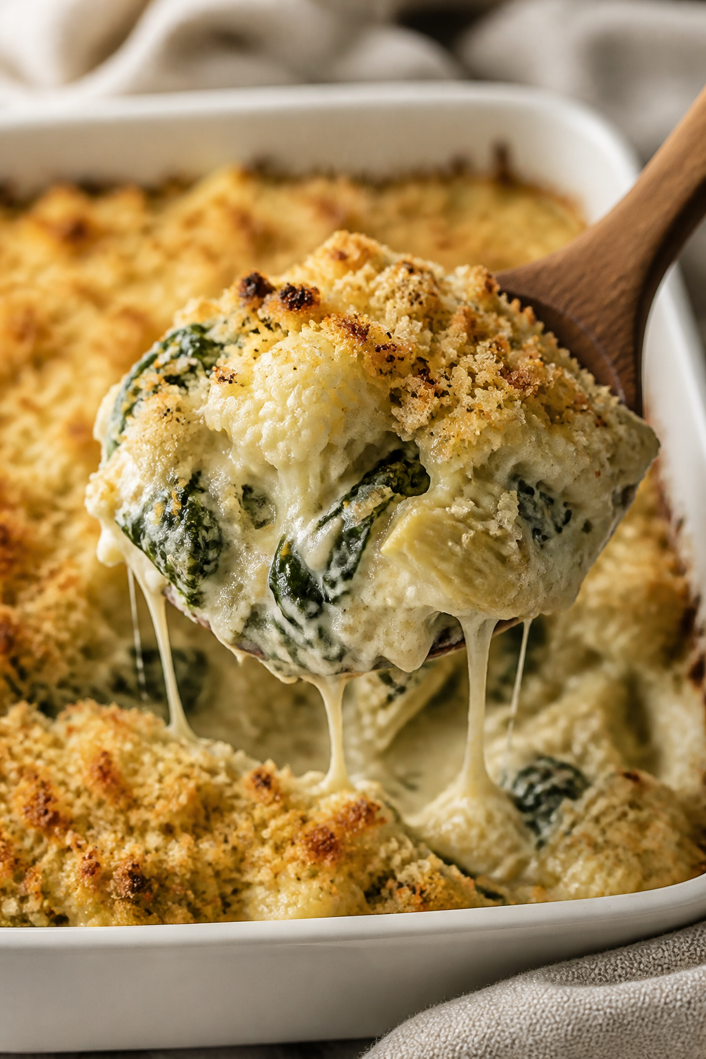 Close-up detail: Spoonful of creamy spinach artichoke cauliflower casserole being lifted from the ba