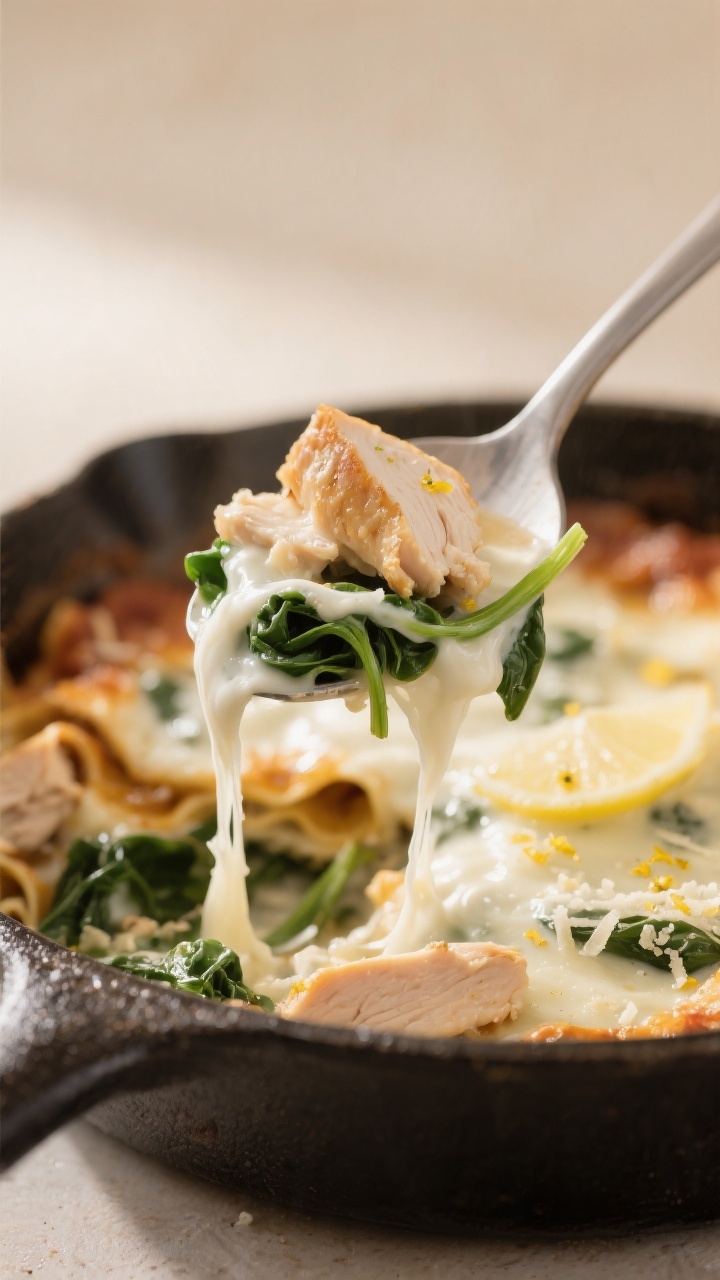Close-up detail, : Spoonful of creamy white chicken lasagna skillet lifted just above the pan, showi