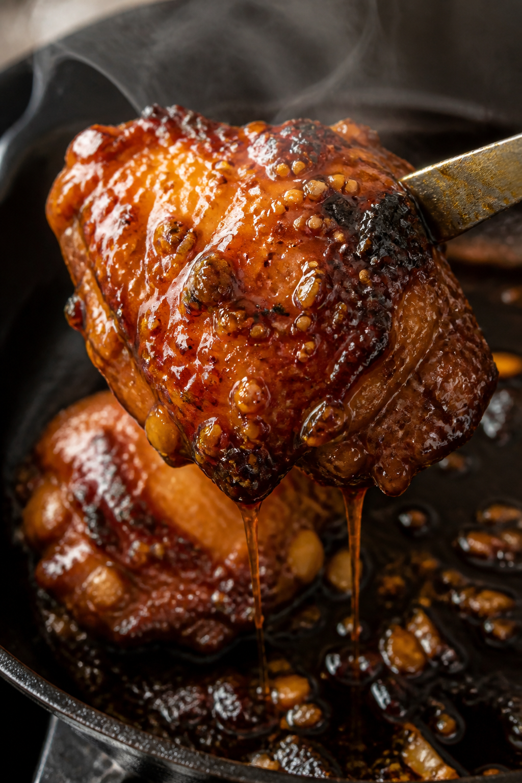 Close-up detail: Sticky bourbon-glazed chicken thigh just out of the pan, skin blistered and deeply 
