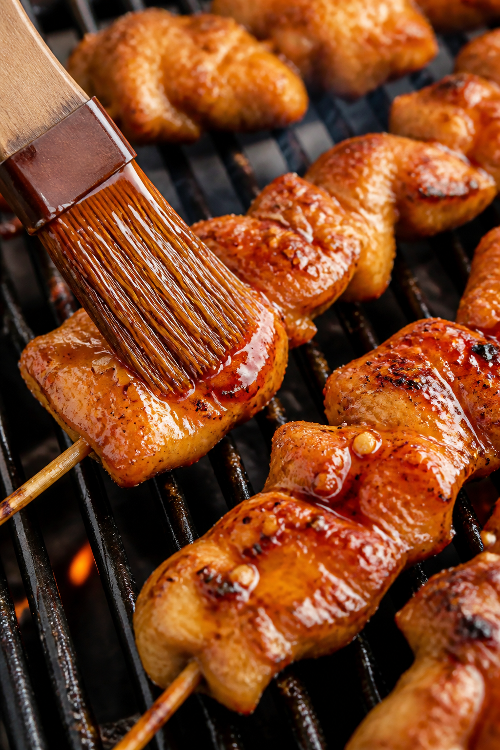 Close-up detail: Sticky honey BBQ chicken skewers sizzling on a grill at medium-high heat, brush app