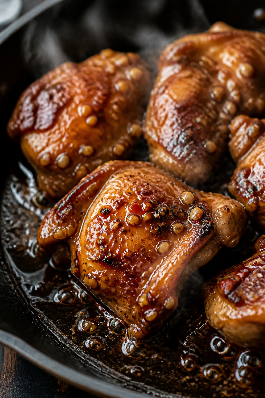 Close-up detail: Sticky honey garlic chicken thighs sizzling in a skillet during the simmer stage, g