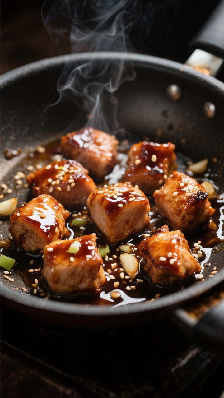 Close-up detail: Sticky teriyaki chicken bites sizzling in a dark, preheated skillet during the “t