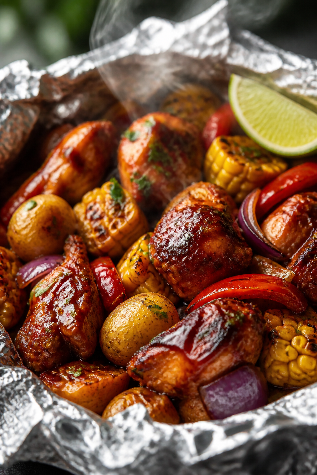 Close-up detail: Sweet & Smoky BBQ chicken foil packet just opened, steam curling up, showing glossy