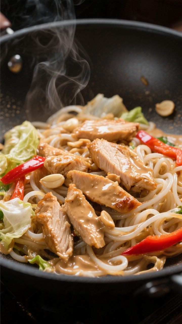 Close-up detail: Tender seared chicken strips and glossy rice noodles being tossed in creamy peanut 