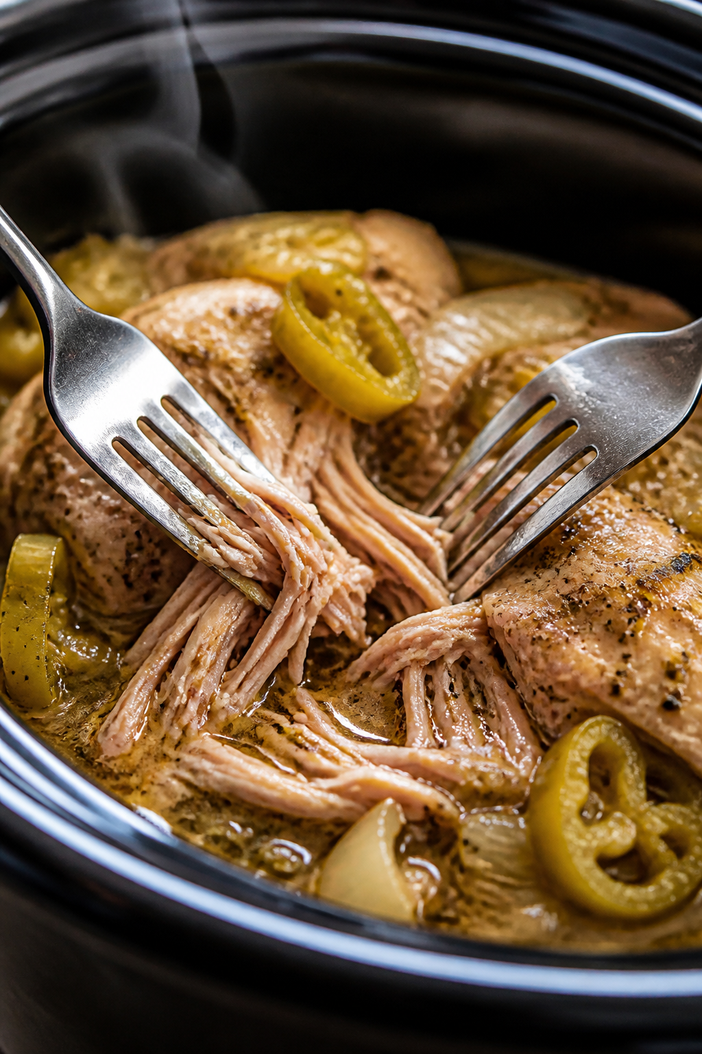 Close-up detail: Tender slow-cooked Mississippi chicken thigh being shredded in the crockpot with tw