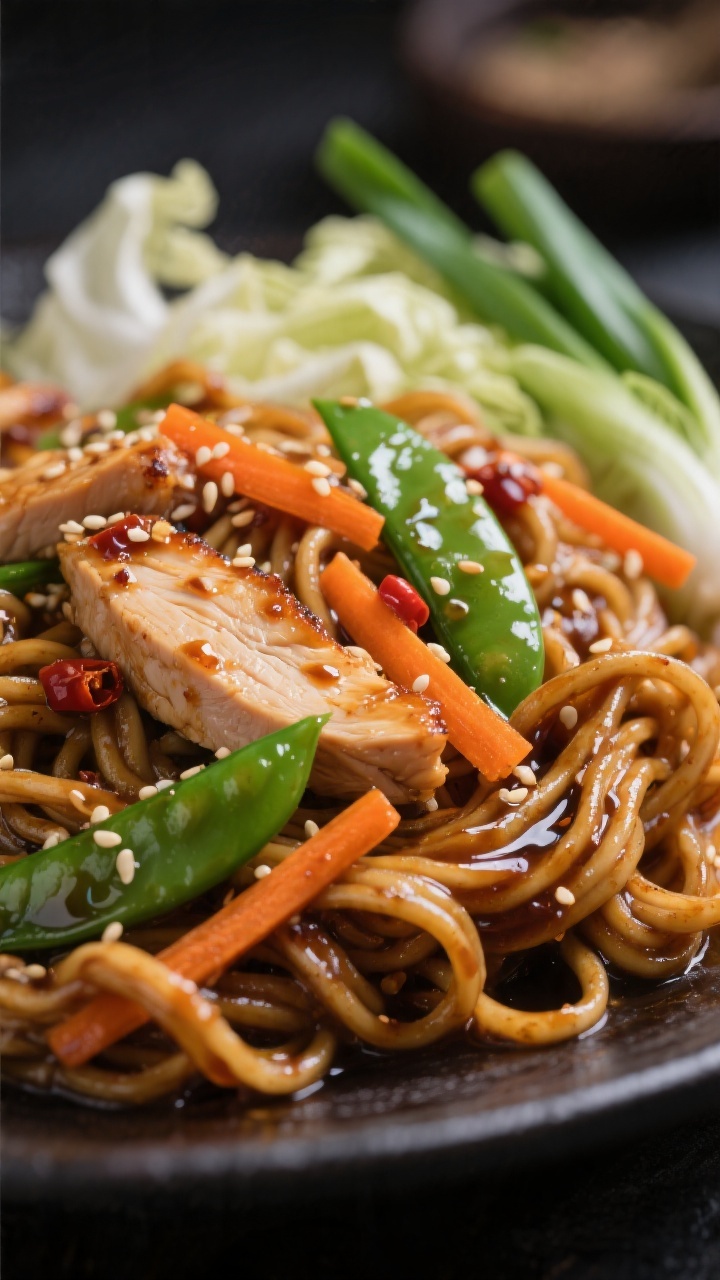Close-up detail: Ultra-close shot of saucy lo mein noodles twirled around juicy chicken slices, high