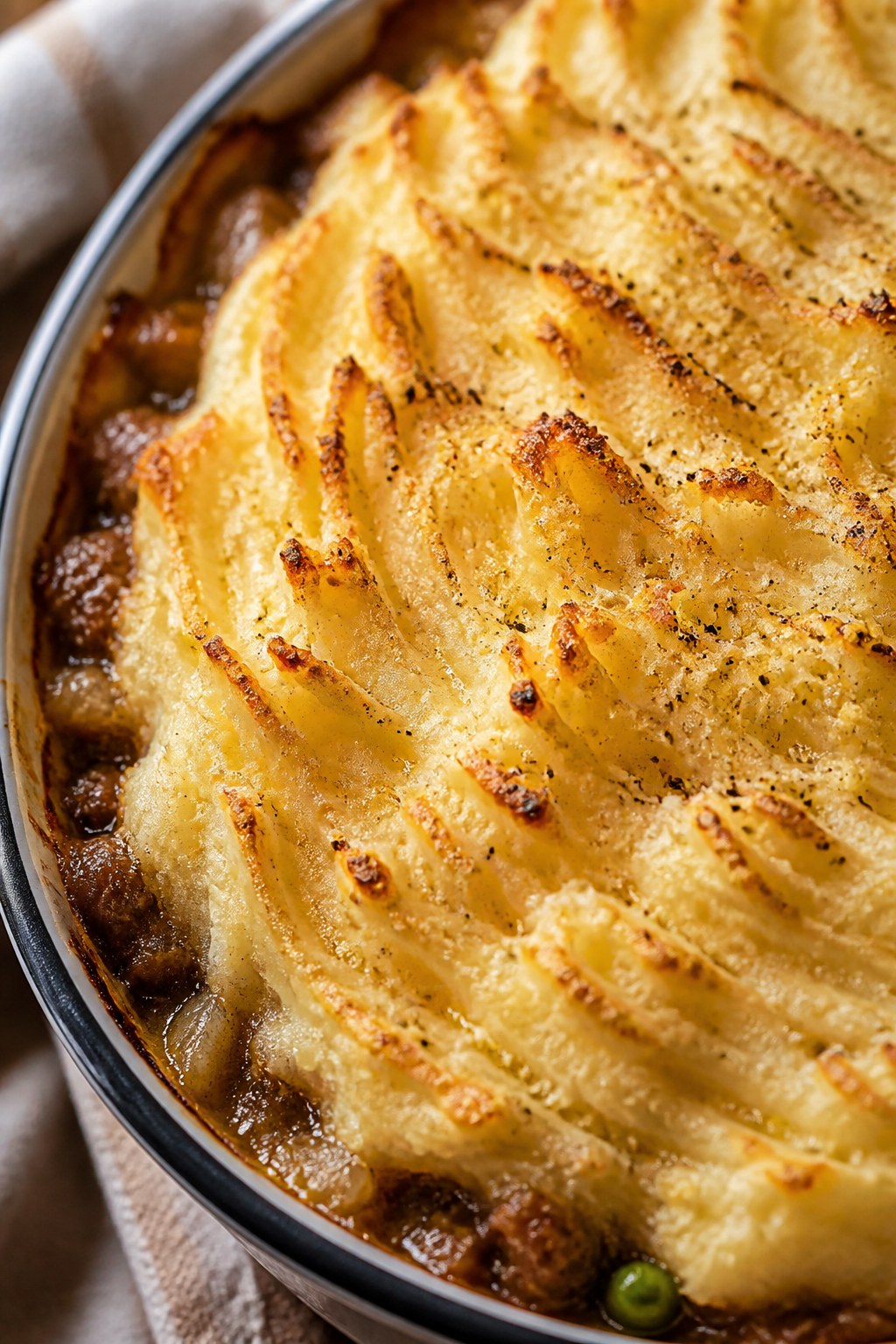 Close-up detail: Ultra-close shot of the cauliflower mash topping just out of the oven, fork-made ri
